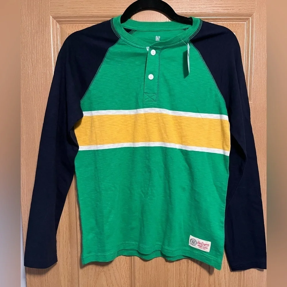 Kids Green, White & Yellow Colorblock Stripe Henley Longsleeve T-Shirt | Gap NWT